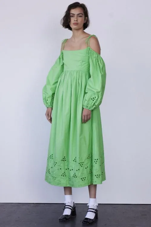 Women Dresses Damson Madder Edwina Green Broderie Bardot Midi Dress