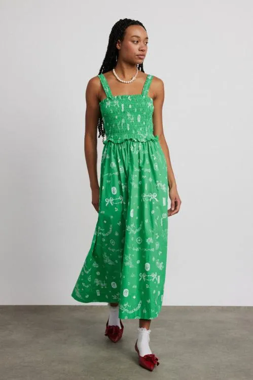 Women Dresses Damson Madder Keira Shirred Midi Dress 8211 Green Symbol Print Women Dresses Damson Madder Keira Shirred Midi Dress 8211 Green Symbol Print