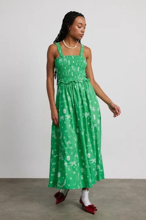Women Dresses Damson Madder Keira Shirred Midi Dress 8211 Green Symbol Print
