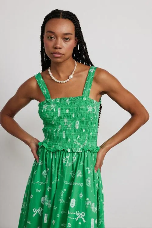 Women Dresses Damson Madder Keira Shirred Midi Dress 8211 Green Symbol Print
