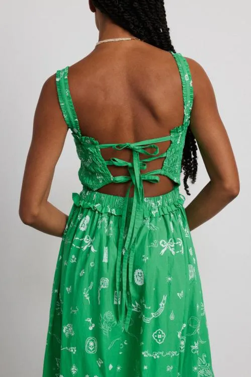 Women Dresses Damson Madder Keira Shirred Midi Dress 8211 Green Symbol Print