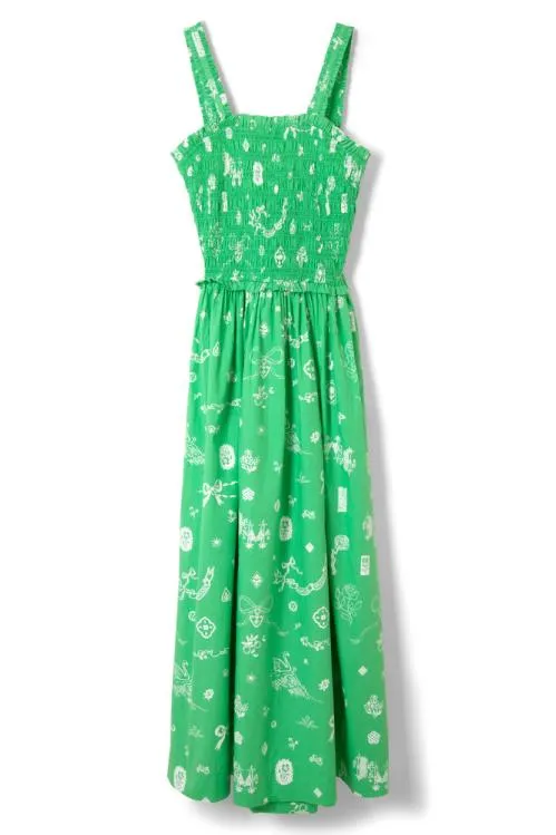 Women Dresses Damson Madder Keira Shirred Midi Dress 8211 Green Symbol Print