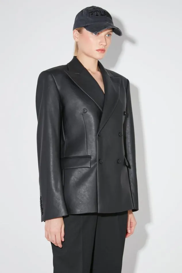 Women Outerwear MISBHV Matte Faux Leather Double Breasted Blazer Black