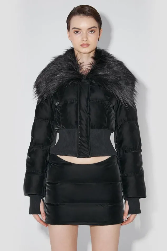 Women Outerwear MISBHV Velvet Latex Cropped Puffer Jacket With Fur Black