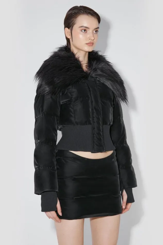 Women Outerwear MISBHV Velvet Latex Cropped Puffer Jacket With Fur Black