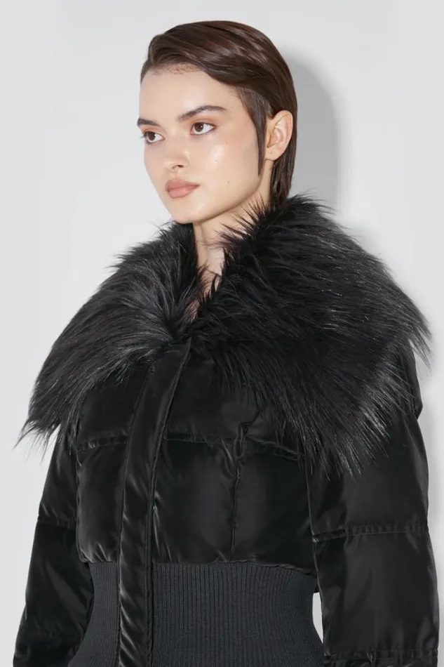 Women Outerwear MISBHV Velvet Latex Cropped Puffer Jacket With Fur Black