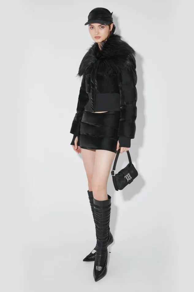 Women Outerwear MISBHV Velvet Latex Cropped Puffer Jacket With Fur Black