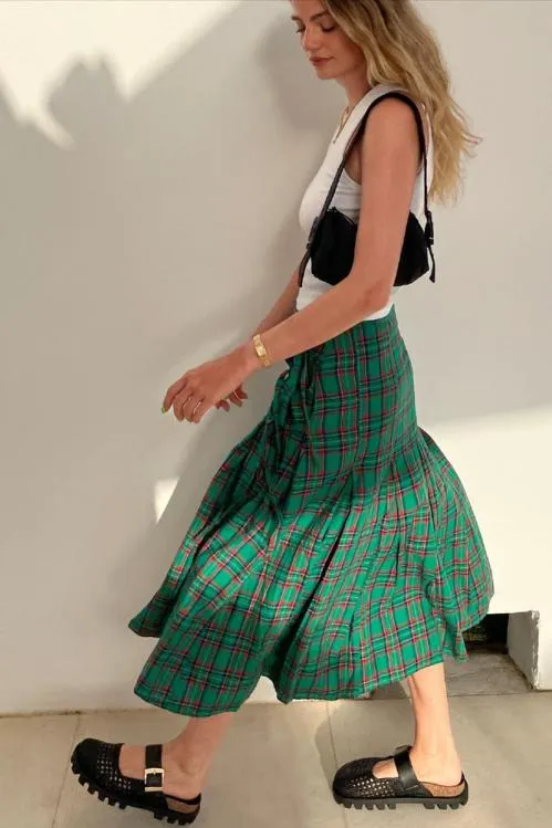 Women Skirts Damson Madder Kya Wrap Kilt 8211 Green Tartan