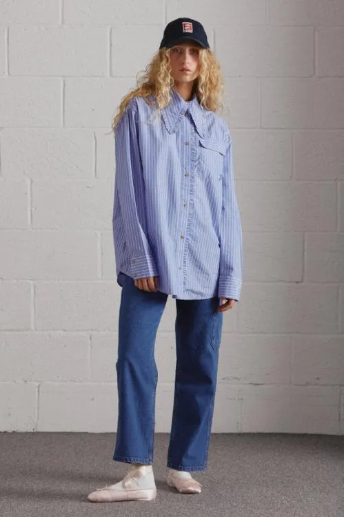 Women Tops Damson Madder Kendall Ruffle Shirt 8211 Blue Stripe