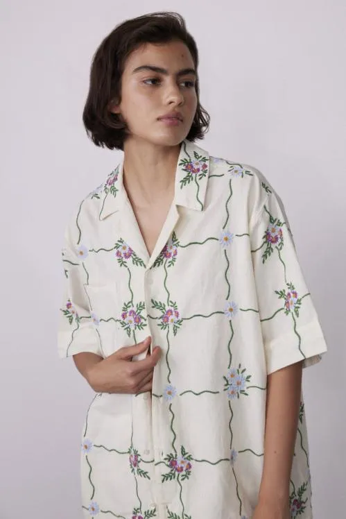 Women Tops Damson Madder Tablecloth Embroidered Shirt
