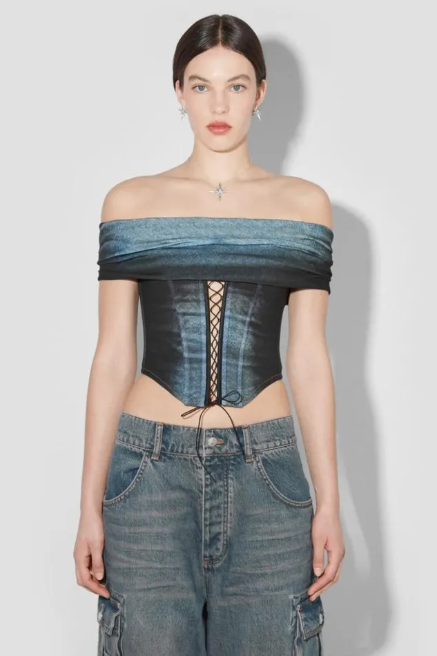 Women Tops MISBHV Denim Poly Laced Off Shoulder Corset Mlc