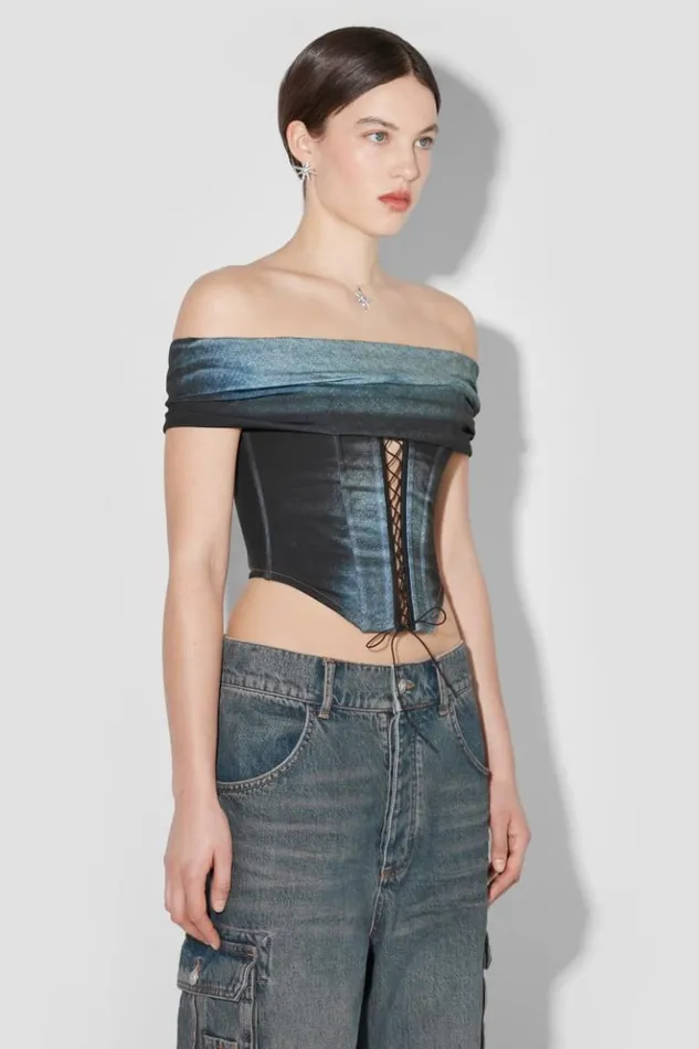 Women Tops MISBHV Denim Poly Laced Off Shoulder Corset Mlc