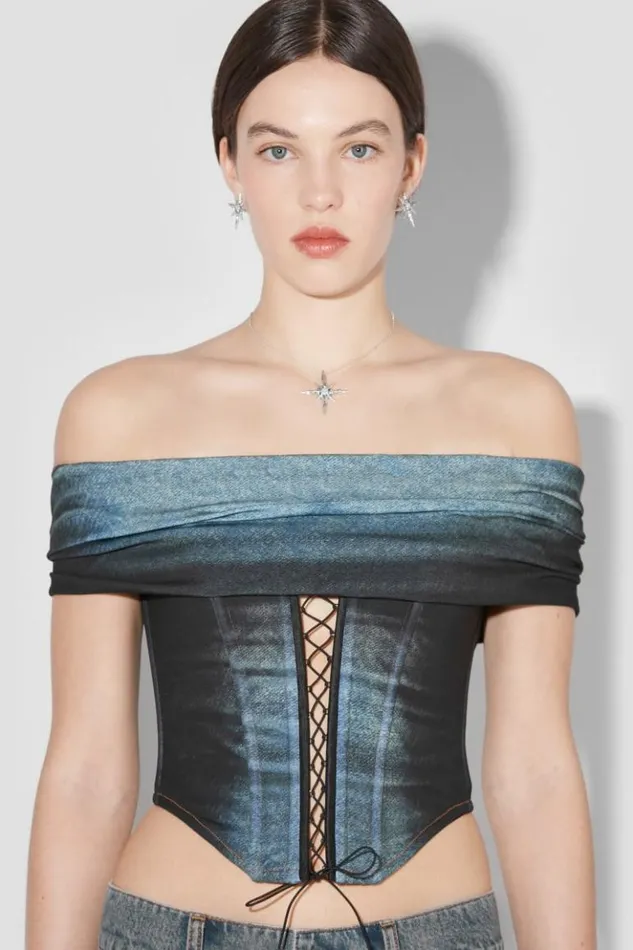 Women Tops MISBHV Denim Poly Laced Off Shoulder Corset Mlc