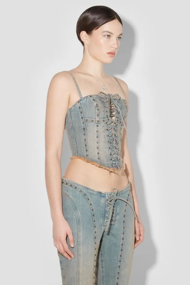 Women Tops MISBHV Sunset Wash Lara Laced Studded Denim Corset Blue