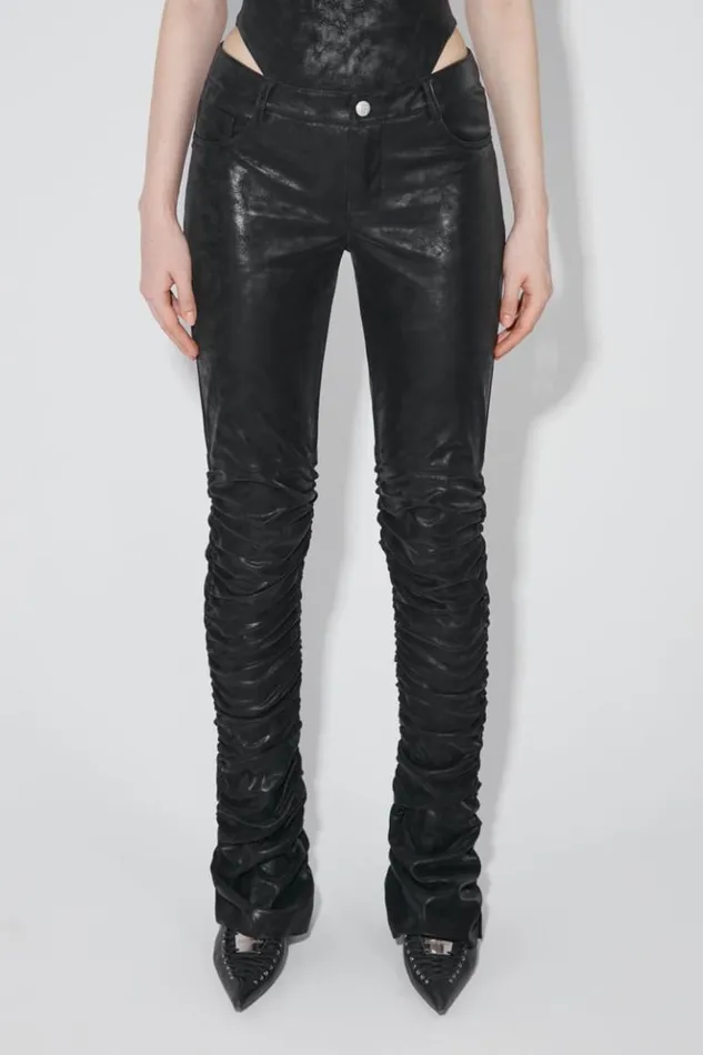 Women Trousers MISBHV Faded Faux Leather Ruched Trousers Black