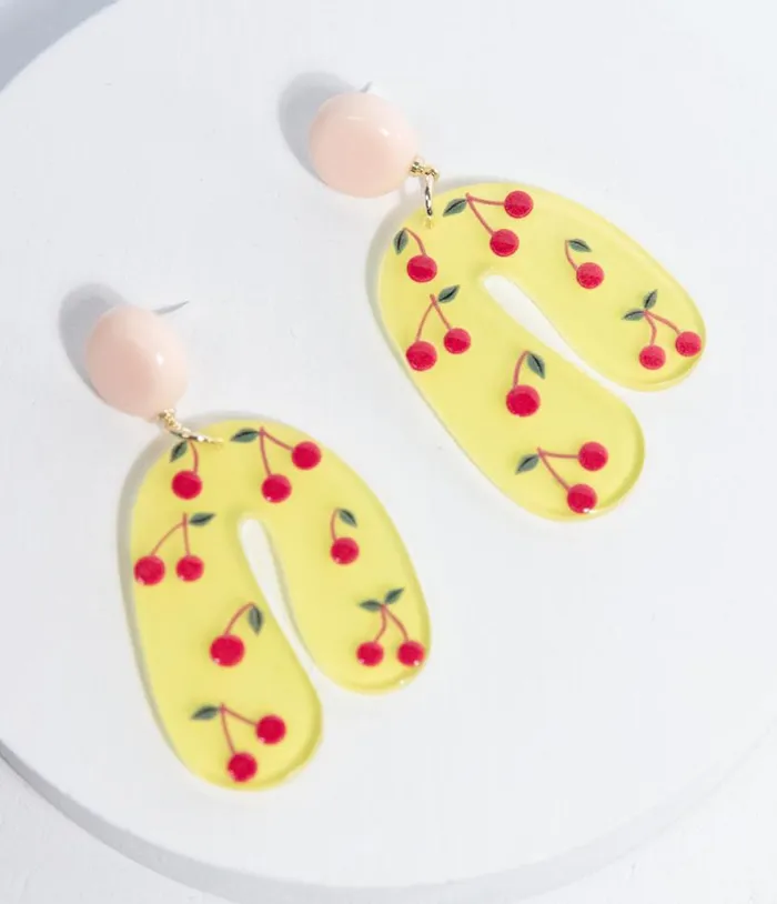 Yellow and Cherry Drop Earrings Accessories Unique Vintage Earrings