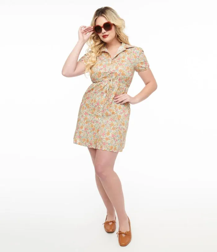Yellow Floral Cotton Shirt Dress Dresses Unique Vintage Pocket Dresses