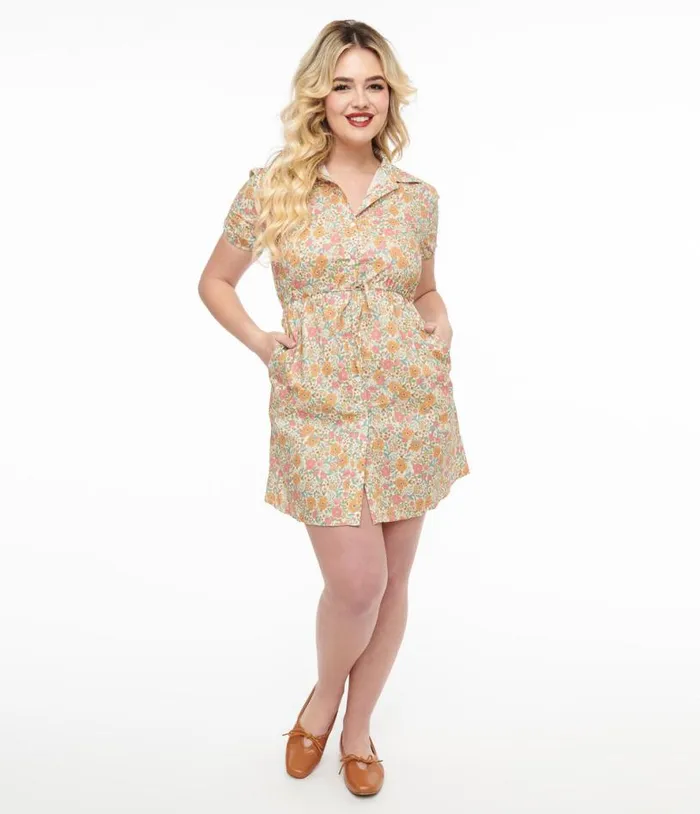 Yellow Floral Cotton Shirt Dress Dresses Unique Vintage Pocket Dresses