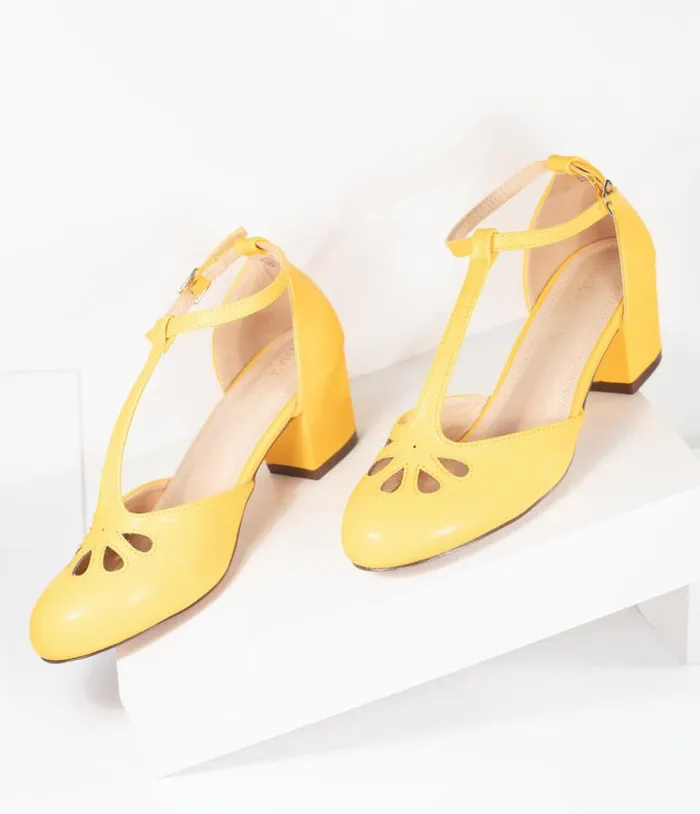 Yellow Leatherette Minny TStrap Heels Shoes Unique Vintage Heels